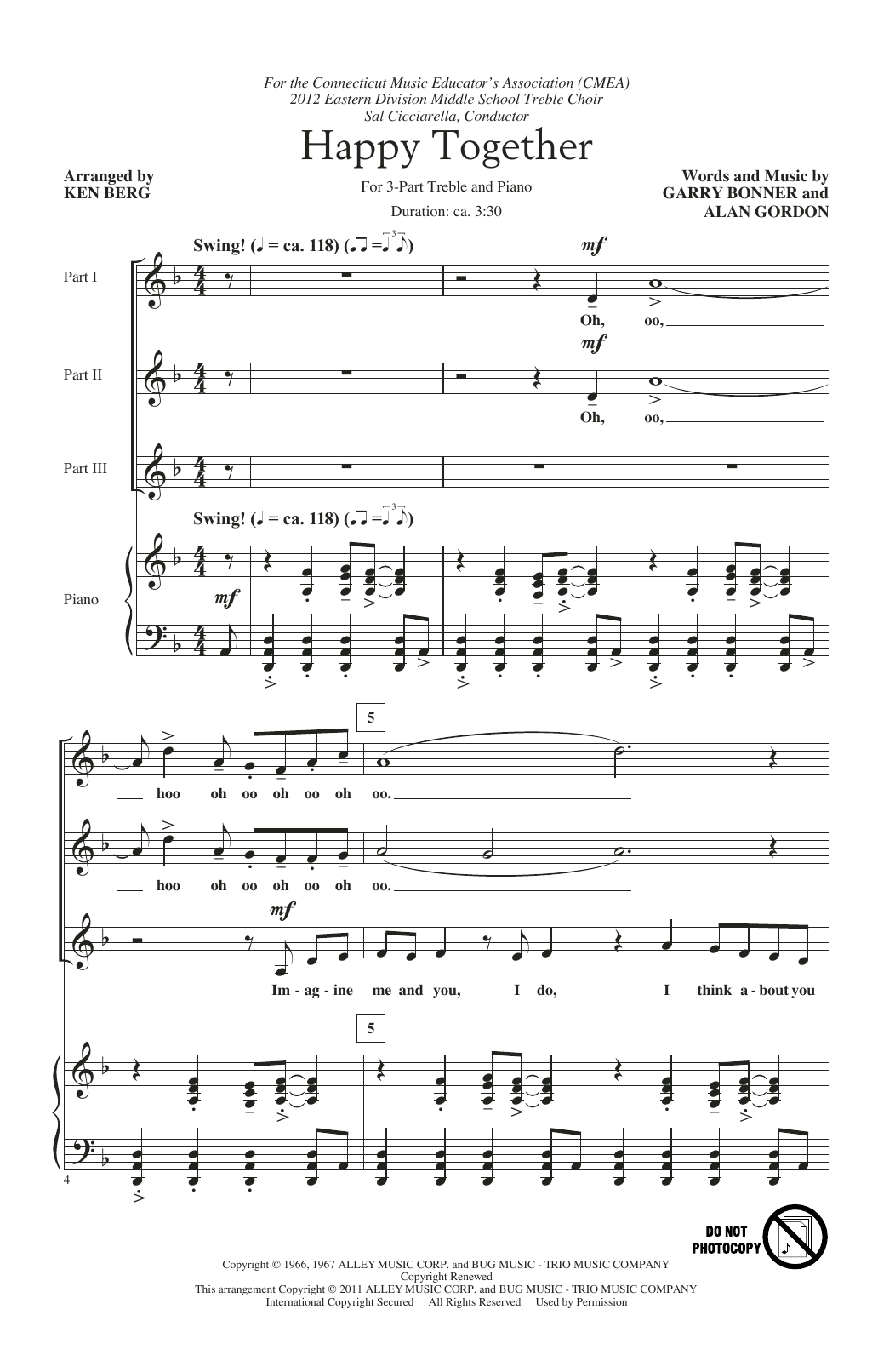 The Turtles Happy Together (arr. Ken Berg) Sheet Music Notes & Chords for 3-Part Treble Choir - Download or Print PDF