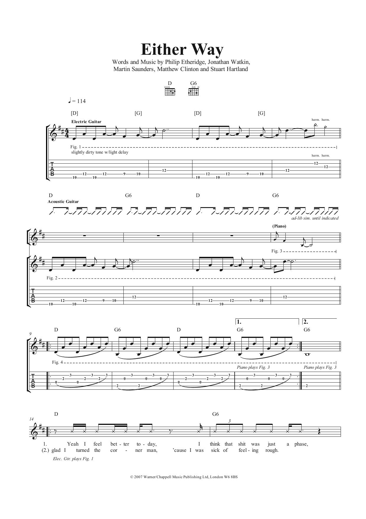 The Twang Either Way Sheet Music Notes & Chords for Guitar Tab - Download or Print PDF