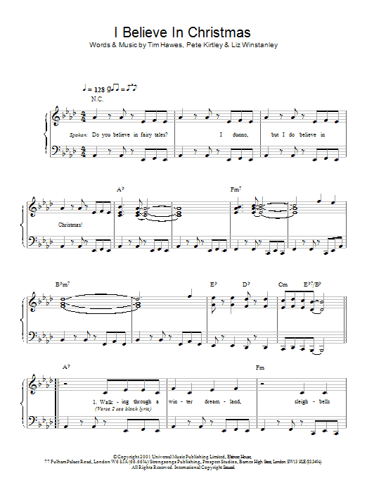 The Tweenies I Believe In Christmas Sheet Music Notes & Chords for Piano, Vocal & Guitar (Right-Hand Melody) - Download or Print PDF