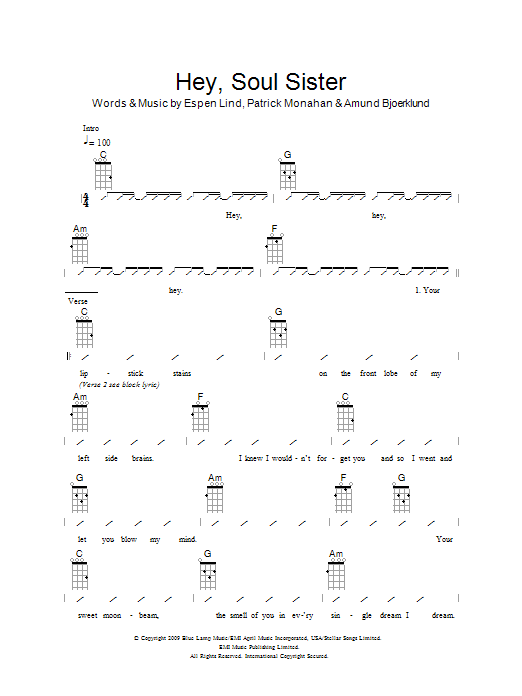 The Ukuleles Hey, Soul Sister Sheet Music Notes & Chords for Ukulele Chords/Lyrics - Download or Print PDF