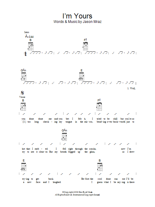 The Ukuleles I'm Yours Sheet Music Notes & Chords for Ukulele with strumming patterns - Download or Print PDF