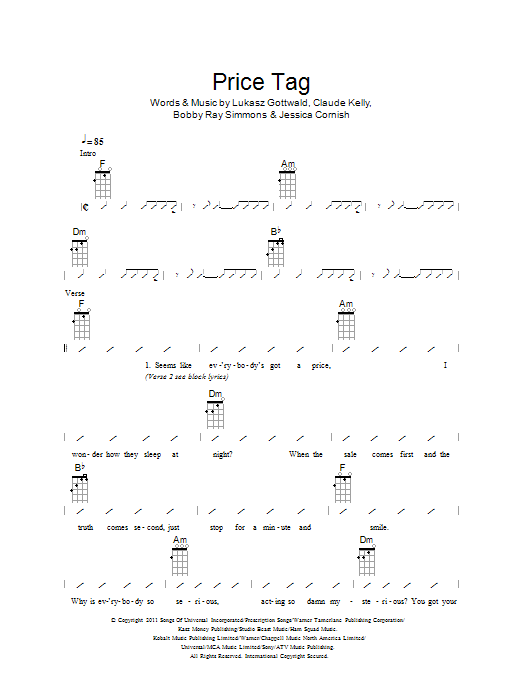 The Ukuleles Price Tag Sheet Music Notes & Chords for Ukulele Chords/Lyrics - Download or Print PDF