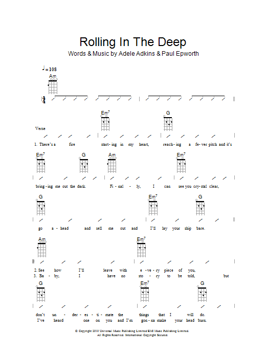 The Ukuleles Rolling In The Deep Sheet Music Notes & Chords for Ukulele Chords/Lyrics - Download or Print PDF