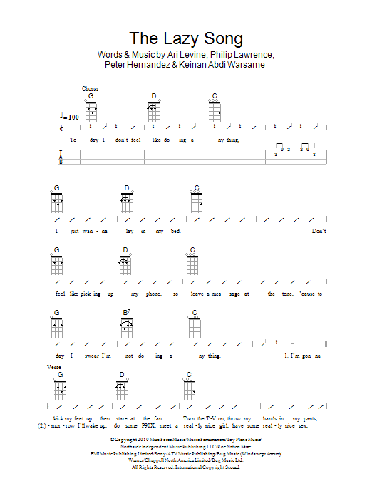 The Ukuleles The Lazy Song Sheet Music Notes & Chords for Ukulele with strumming patterns - Download or Print PDF
