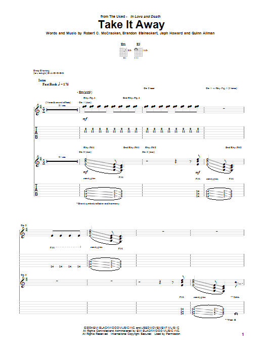 The Used Take It Away Sheet Music Notes & Chords for Guitar Tab - Download or Print PDF