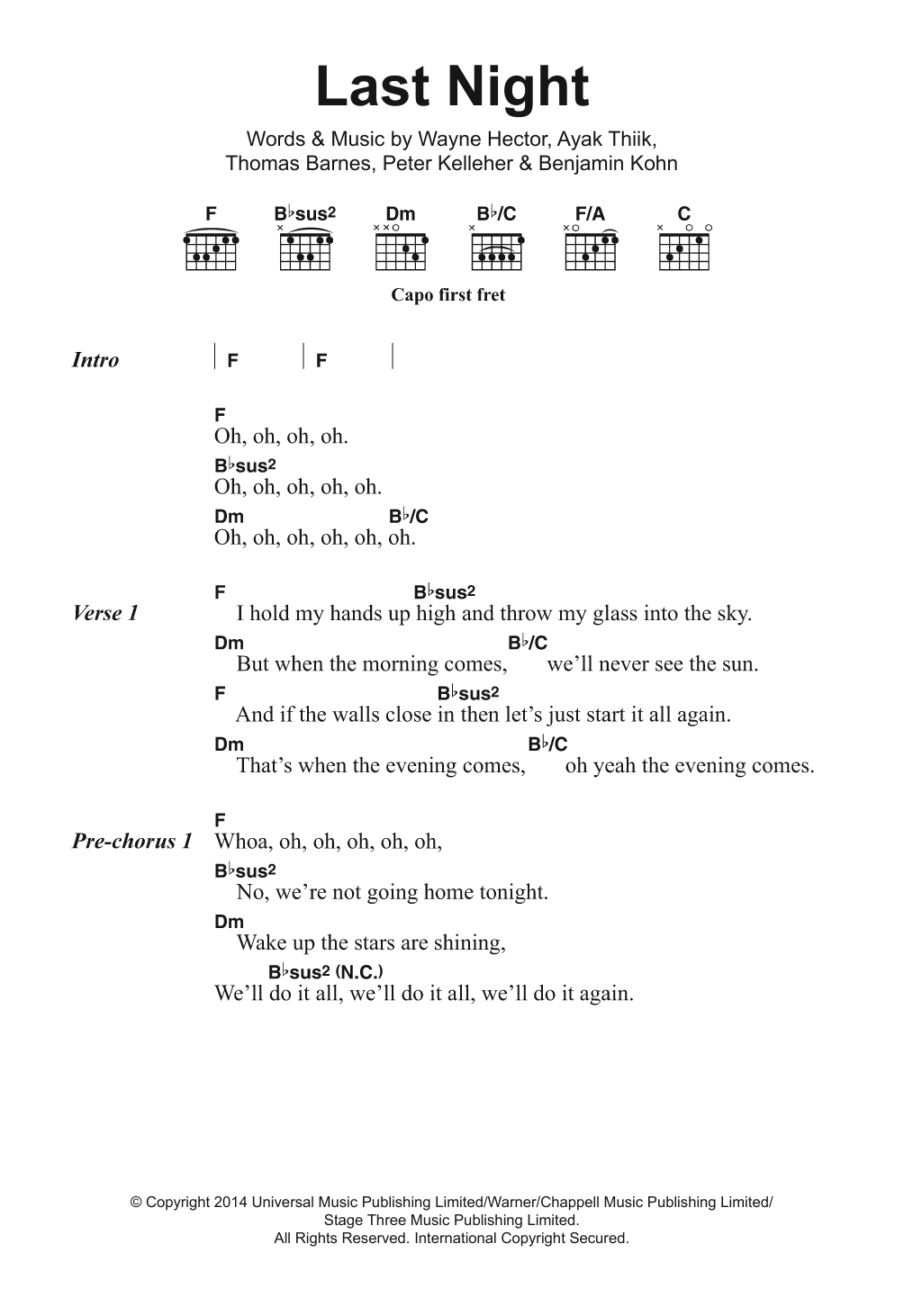 The Vamps Last Night (Do It All Again) Sheet Music Notes & Chords for Lyrics & Chords - Download or Print PDF