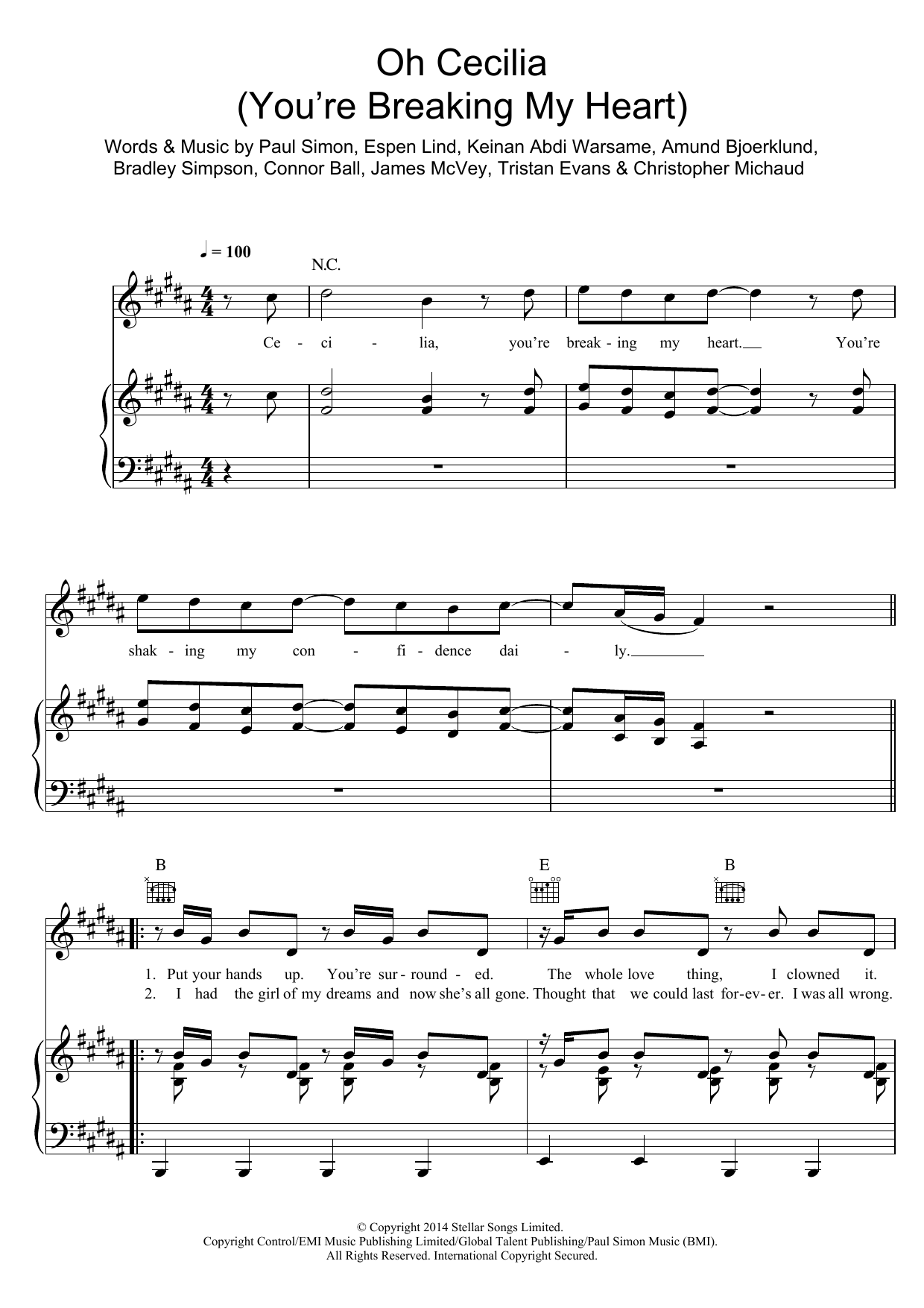 The Vamps Oh Cecilia (Breaking My Heart) Sheet Music Notes & Chords for Piano, Vocal & Guitar (Right-Hand Melody) - Download or Print PDF