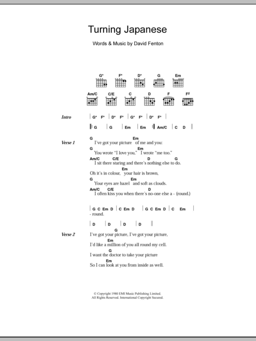 The Vapors Turning Japanese Sheet Music Notes & Chords for Lyrics & Chords - Download or Print PDF