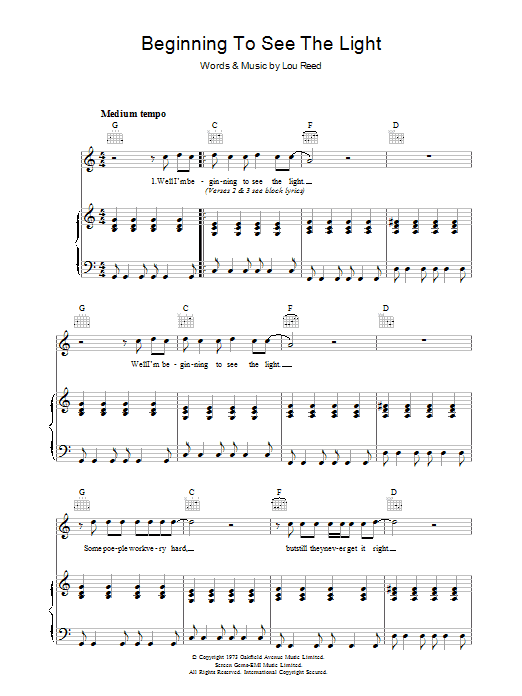 Lou Reed Beginning To See The Light Sheet Music Notes & Chords for Piano, Vocal & Guitar (Right-Hand Melody) - Download or Print PDF