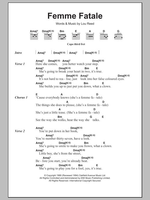 The Velvet Underground Femme Fatale Sheet Music Notes & Chords for Lyrics & Chords - Download or Print PDF