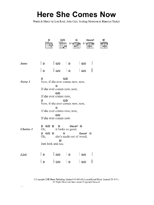 The Velvet Underground Here She Comes Now Sheet Music Notes & Chords for Lyrics & Chords - Download or Print PDF