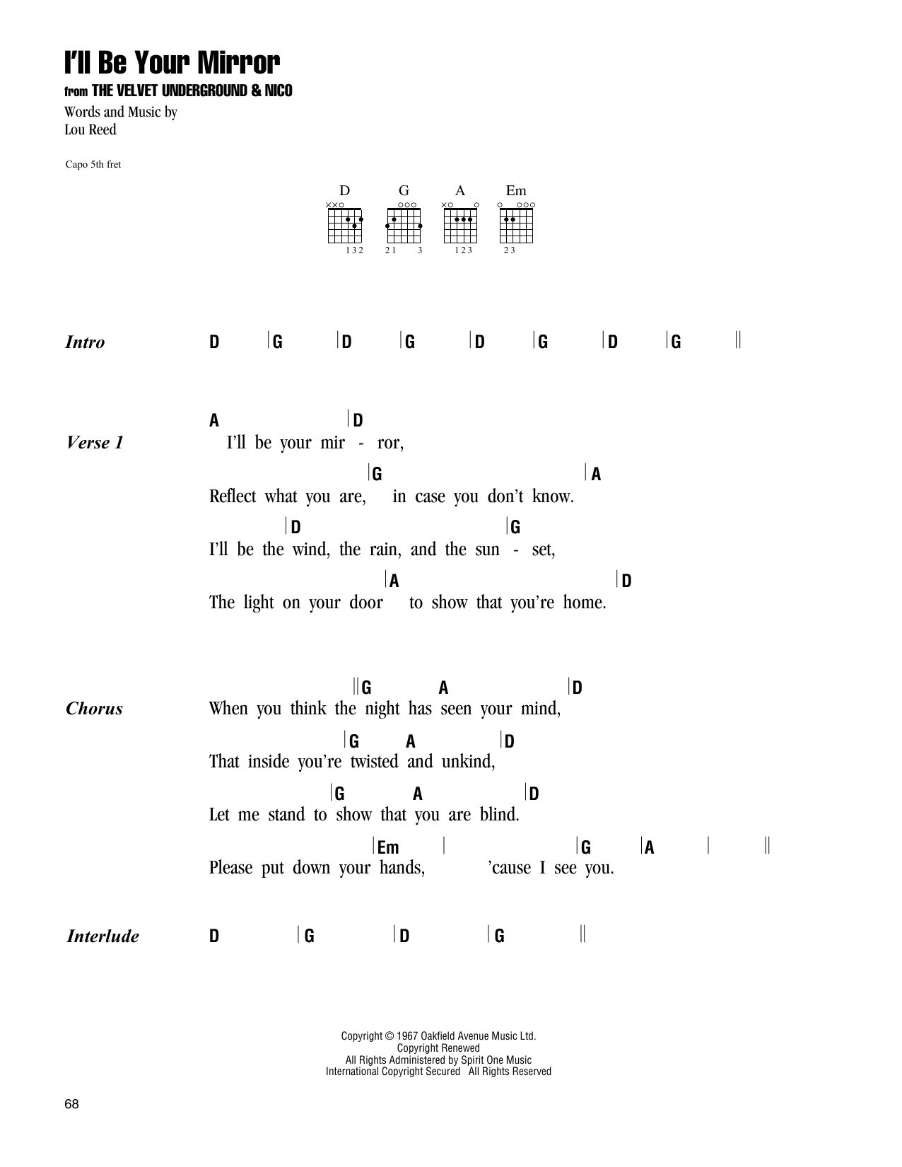 The Velvet Underground I'll Be Your Mirror Sheet Music Notes & Chords for Guitar Chords/Lyrics - Download or Print PDF