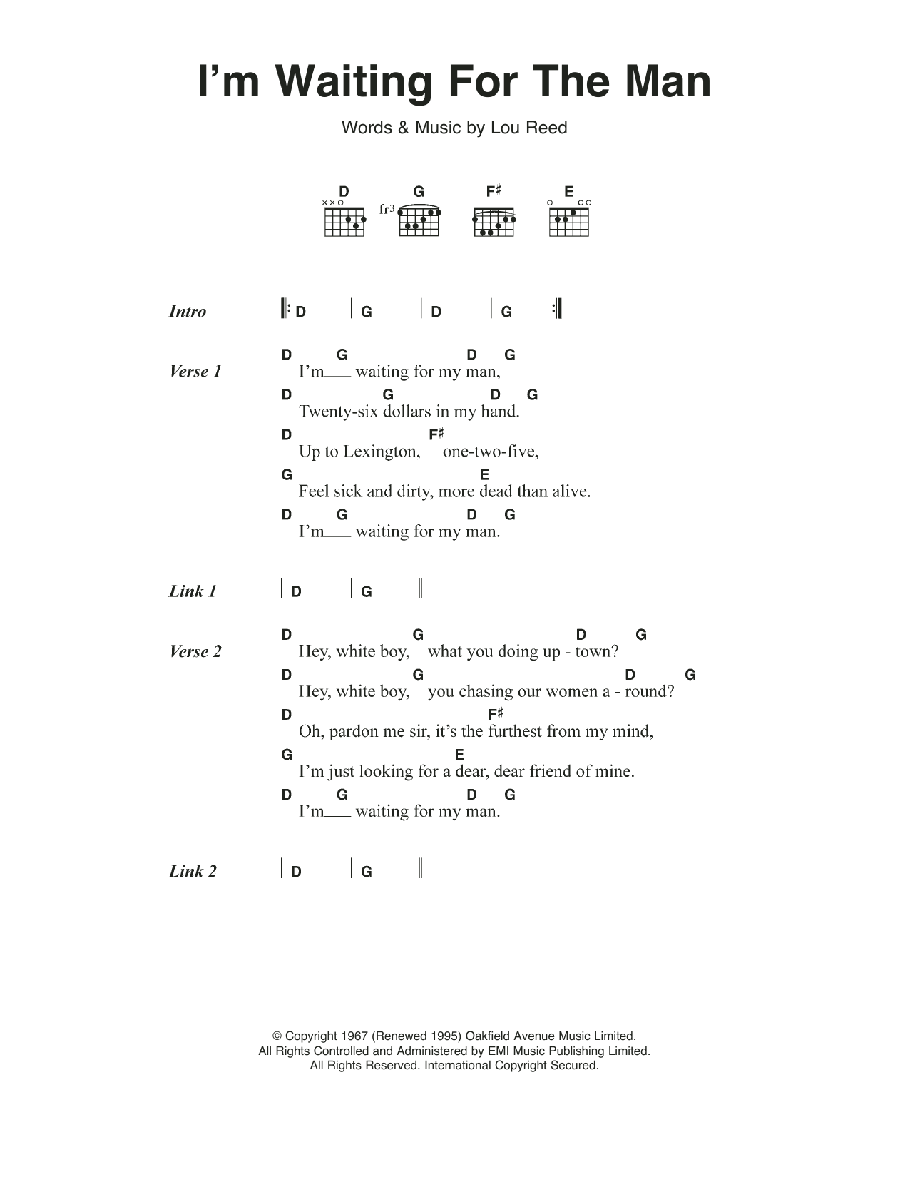 The Velvet Underground I'm Waiting For The Man (Waiting For My Man) Sheet Music Notes & Chords for Lyrics & Chords - Download or Print PDF