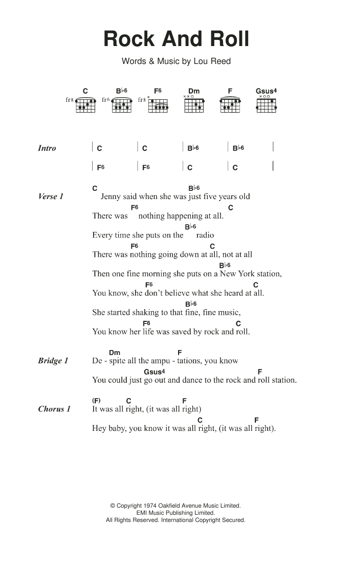 The Velvet Underground Rock And Roll Sheet Music Notes & Chords for Lyrics & Chords - Download or Print PDF