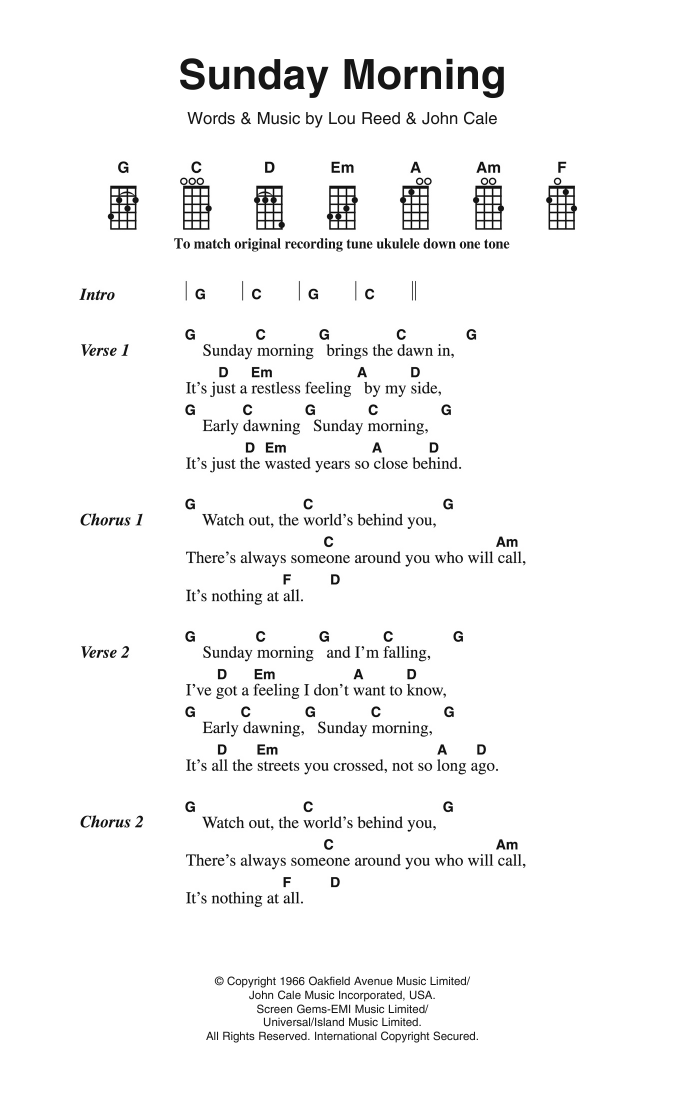The Velvet Underground Sunday Morning Sheet Music Notes & Chords for Ukulele Lyrics & Chords - Download or Print PDF