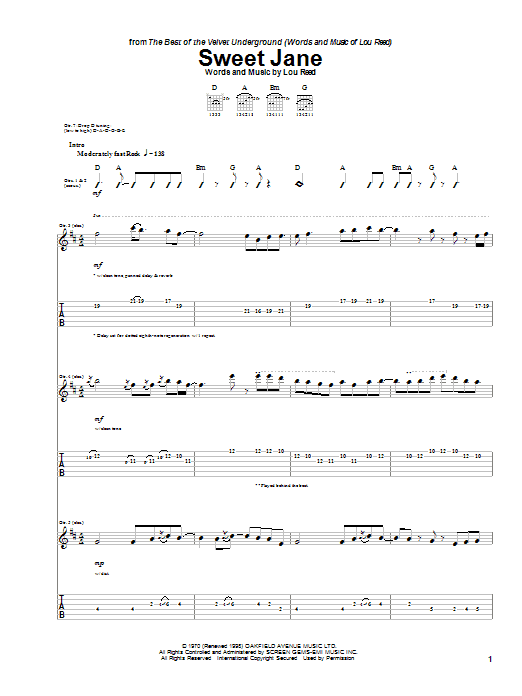 The Velvet Underground Sweet Jane Sheet Music Notes & Chords for Guitar Tab - Download or Print PDF