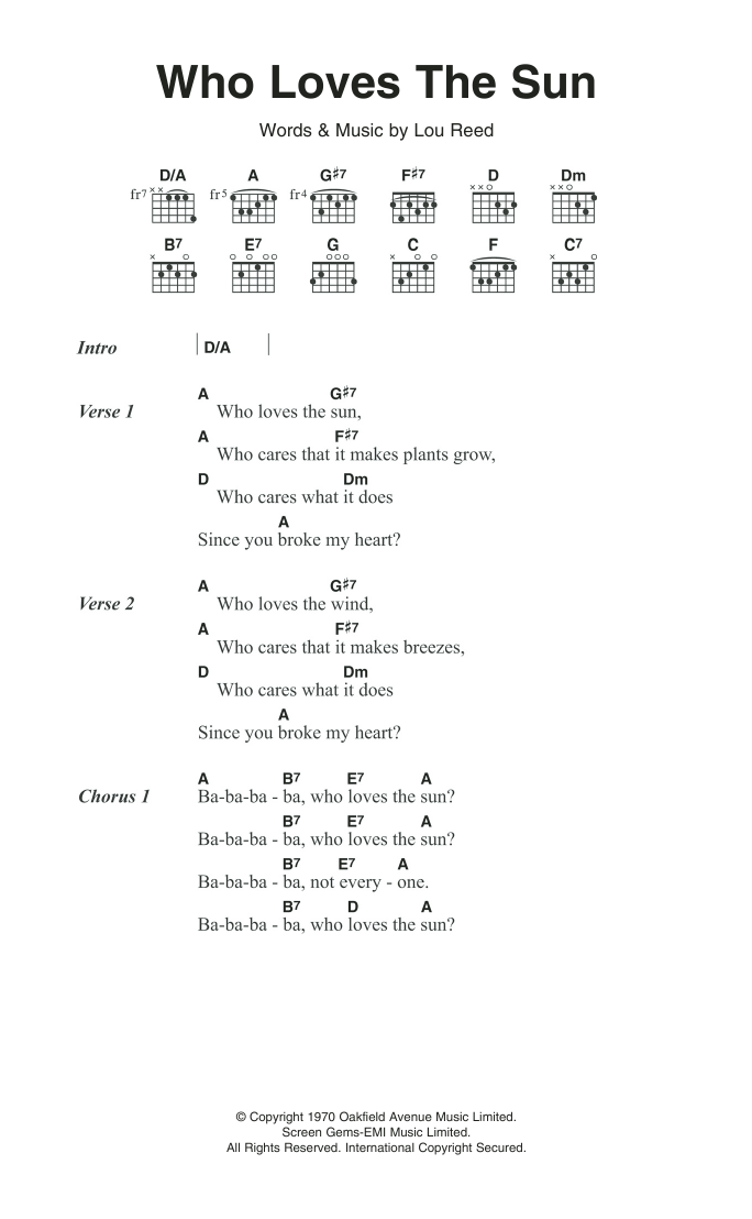 The Velvet Underground Who Loves The Sun Sheet Music Notes & Chords for Guitar Chords/Lyrics - Download or Print PDF