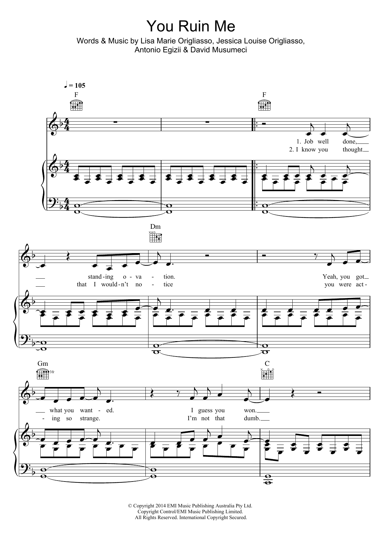 The Veronicas You Ruin Me Sheet Music Notes & Chords for Piano, Vocal & Guitar (Right-Hand Melody) - Download or Print PDF