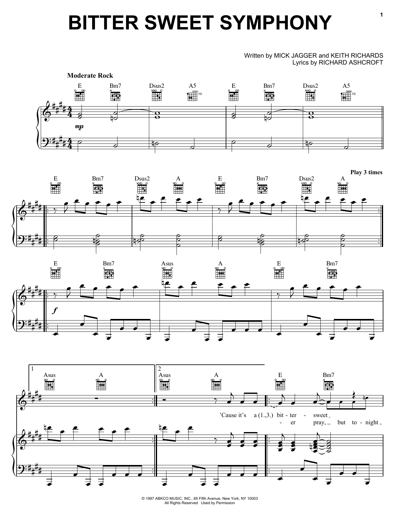 The Verve Bitter Sweet Symphony Sheet Music Notes & Chords for Piano, Vocal & Guitar (Right-Hand Melody) - Download or Print PDF