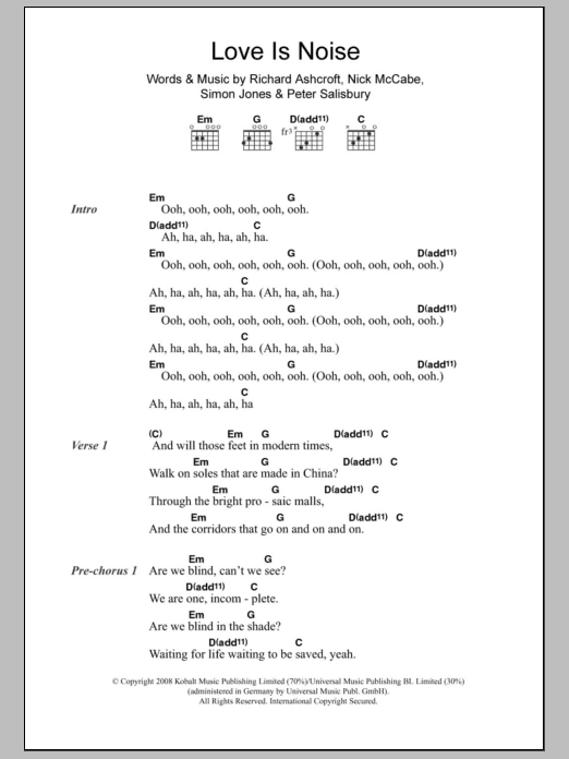 The Verve Love Is Noise Sheet Music Notes & Chords for Guitar Tab - Download or Print PDF