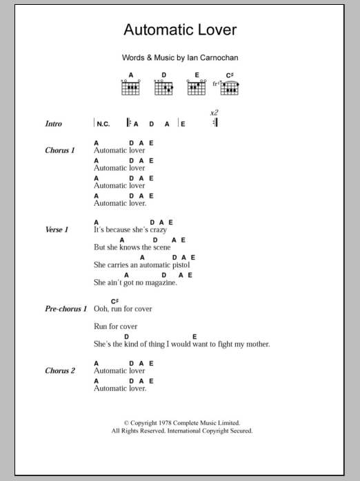 The Vibrators Automatic Lover Sheet Music Notes & Chords for Lyrics & Chords - Download or Print PDF