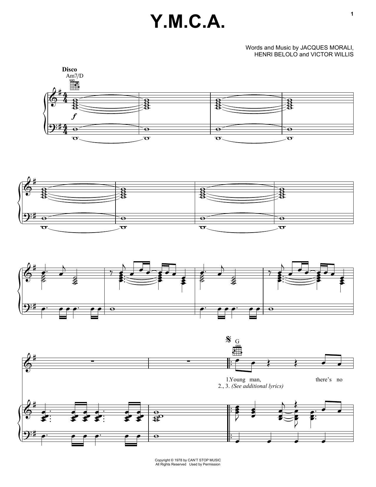 Village People Y.M.C.A. Sheet Music Notes & Chords for Melody Line, Lyrics & Chords - Download or Print PDF