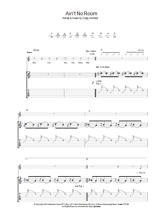 The Vines Ain't No Room Sheet Music Notes & Chords for Guitar Tab - Download or Print PDF