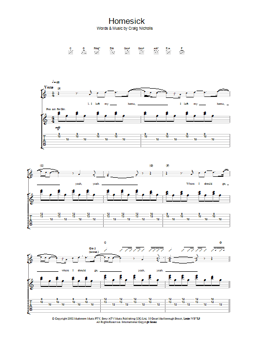 The Vines Homesick Sheet Music Notes & Chords for Guitar Tab - Download or Print PDF