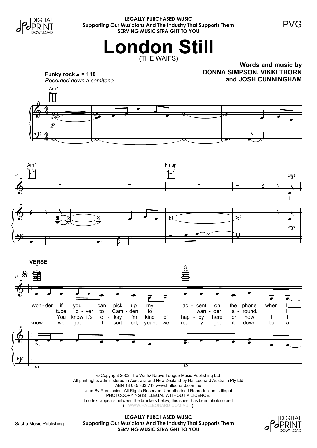The Waifs London Still Sheet Music Notes & Chords for Piano, Vocal & Guitar (Right-Hand Melody) - Download or Print PDF