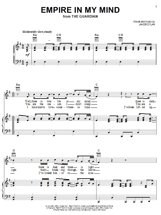 The Wallflowers Empire In My Mind Sheet Music Notes & Chords for Piano, Vocal & Guitar (Right-Hand Melody) - Download or Print PDF