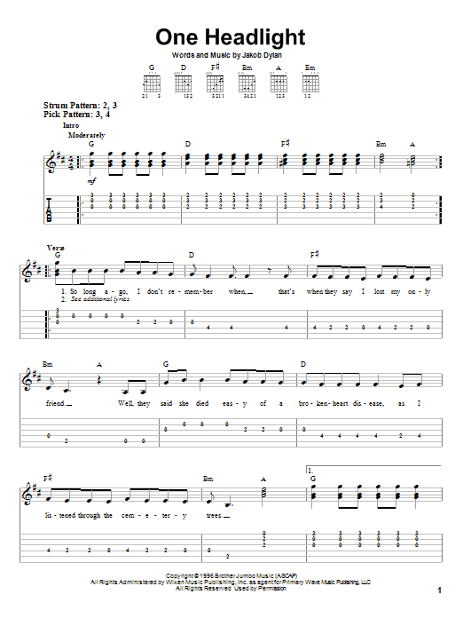 The Wallflowers One Headlight Sheet Music Notes & Chords for Easy Guitar Tab - Download or Print PDF