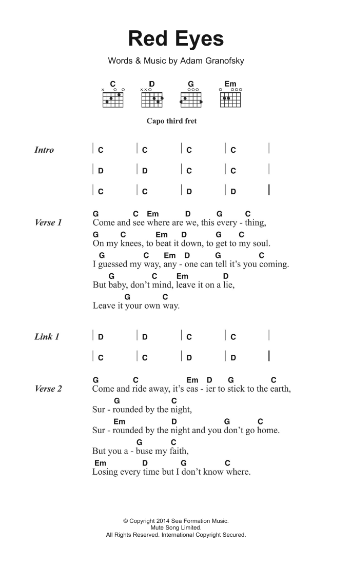 The War On Drugs Red Eyes Sheet Music Notes & Chords for Lyrics & Chords - Download or Print PDF