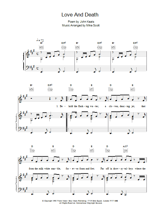 The Waterboys Love And Death Sheet Music Notes & Chords for Piano, Vocal & Guitar (Right-Hand Melody) - Download or Print PDF