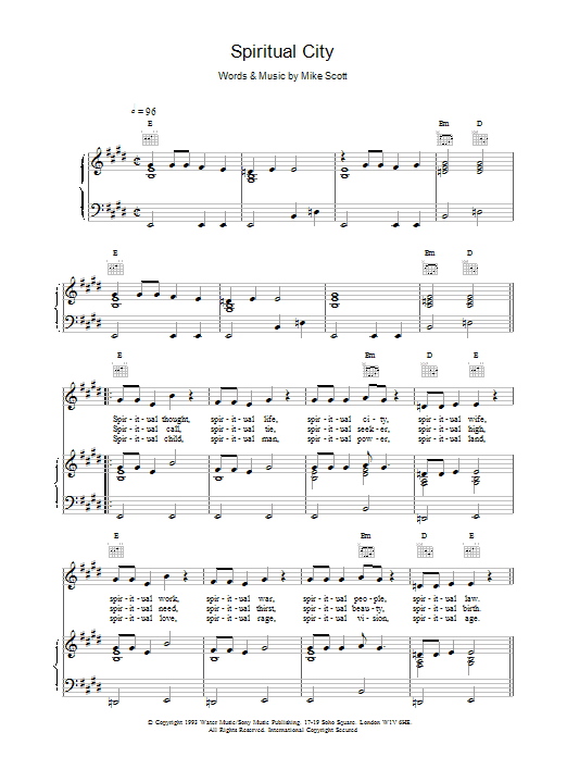 The Waterboys Spiritual City Sheet Music Notes & Chords for Piano, Vocal & Guitar (Right-Hand Melody) - Download or Print PDF