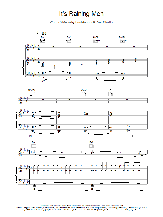 The Weather Girls It's Raining Men Sheet Music Notes & Chords for Piano, Vocal & Guitar - Download or Print PDF