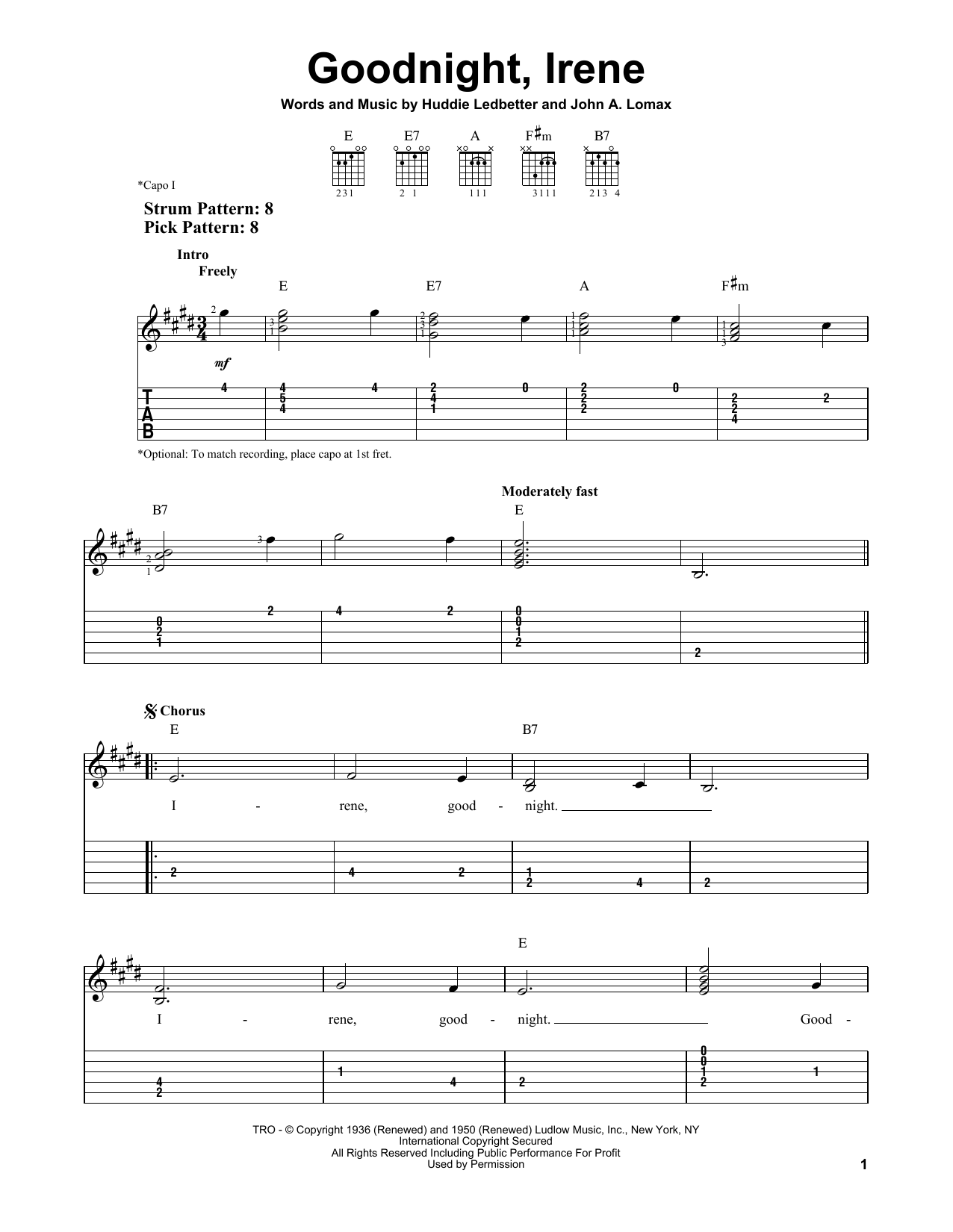 The Weavers Goodnight, Irene Sheet Music Notes & Chords for Easy Guitar with TAB - Download or Print PDF