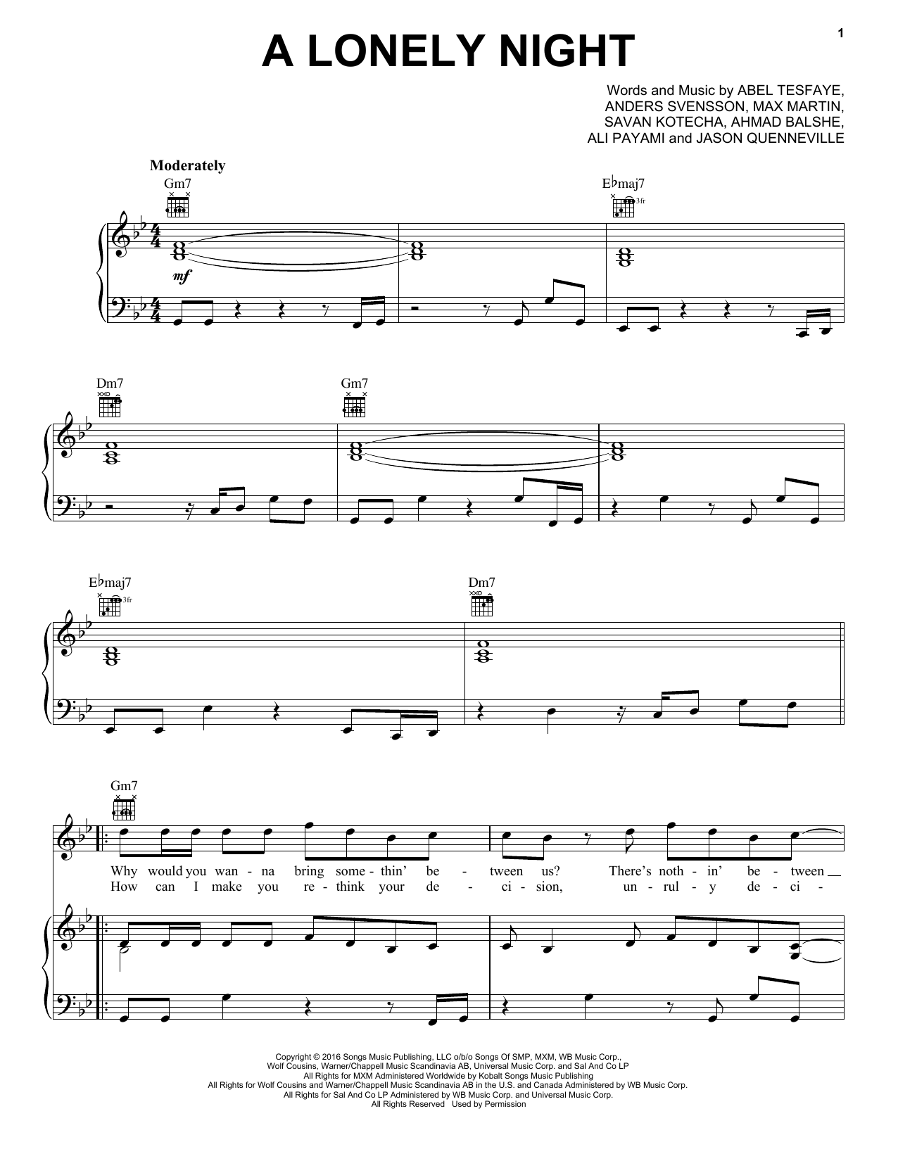 The Weeknd A Lonely Night Sheet Music Notes & Chords for Piano, Vocal & Guitar (Right-Hand Melody) - Download or Print PDF