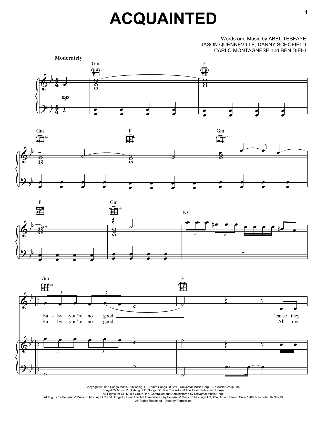 The Weeknd Acquainted Sheet Music Notes & Chords for Piano, Vocal & Guitar (Right-Hand Melody) - Download or Print PDF The Weeknd Acquainted Sheet Music Notes & Chords for Piano, Vocal & Guitar (Right-Hand Melody) - Download or Print PDF