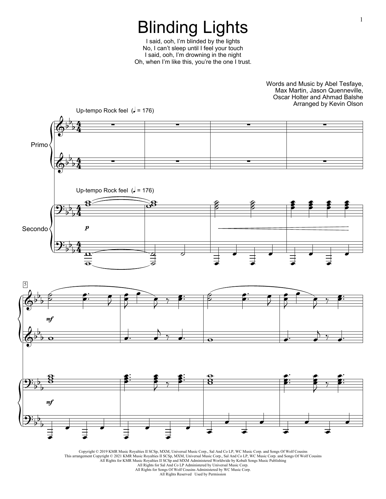 The Weeknd Blinding Lights (arr. Kevin Olson) Sheet Music Notes & Chords for Piano Duet - Download or Print PDF