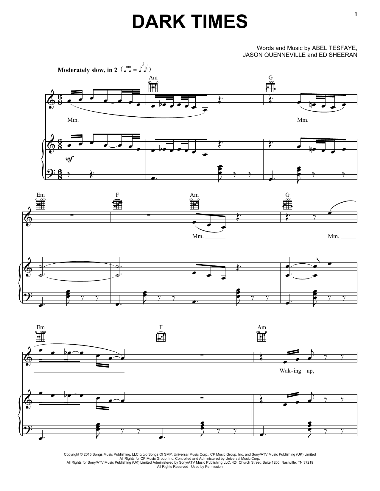 The Weeknd Dark Times Sheet Music Notes & Chords for Piano, Vocal & Guitar (Right-Hand Melody) - Download or Print PDF