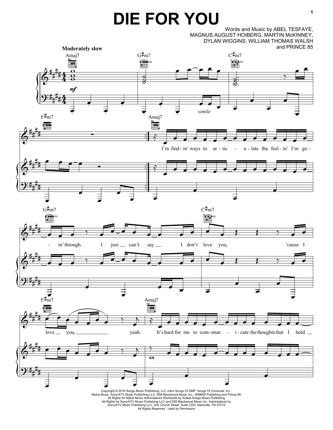 The Weeknd Die For You Sheet Music Notes & Chords for Piano, Vocal & Guitar (Right-Hand Melody) - Download or Print PDF