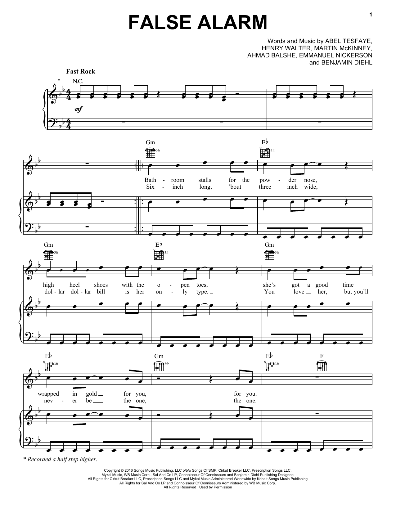 The Weeknd False Alarm Sheet Music Notes & Chords for Piano, Vocal & Guitar (Right-Hand Melody) - Download or Print PDF