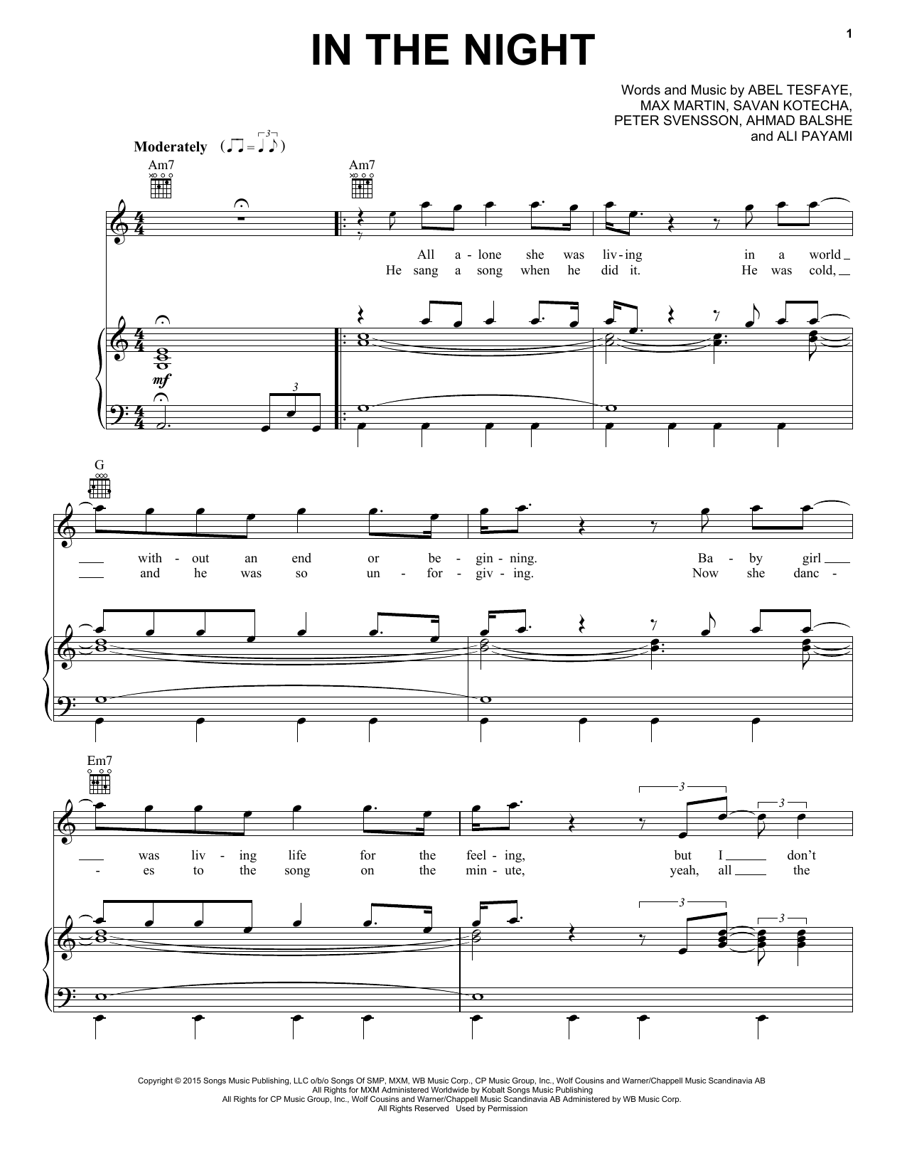 The Weeknd In The Night Sheet Music Notes & Chords for Piano, Vocal & Guitar (Right-Hand Melody) - Download or Print PDF