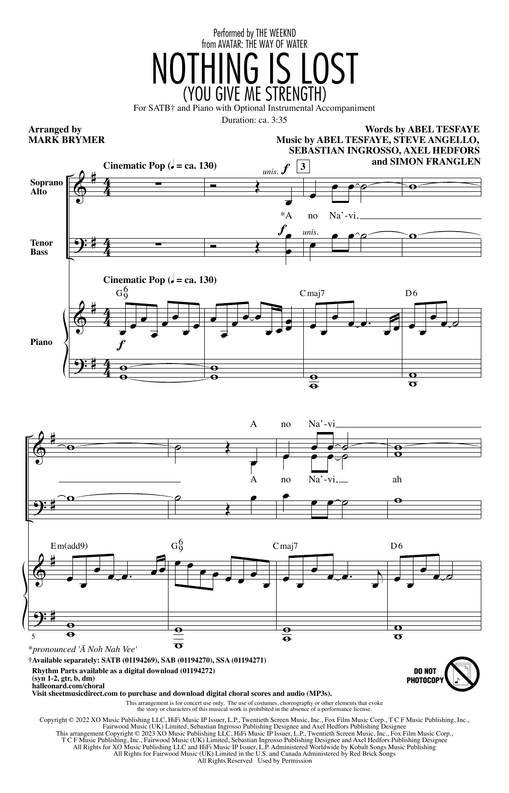 The Weeknd Nothing Is Lost (You Give Me Strength) (arr. Mark Brymer) Sheet Music Notes & Chords for SAB Choir - Download or Print PDF