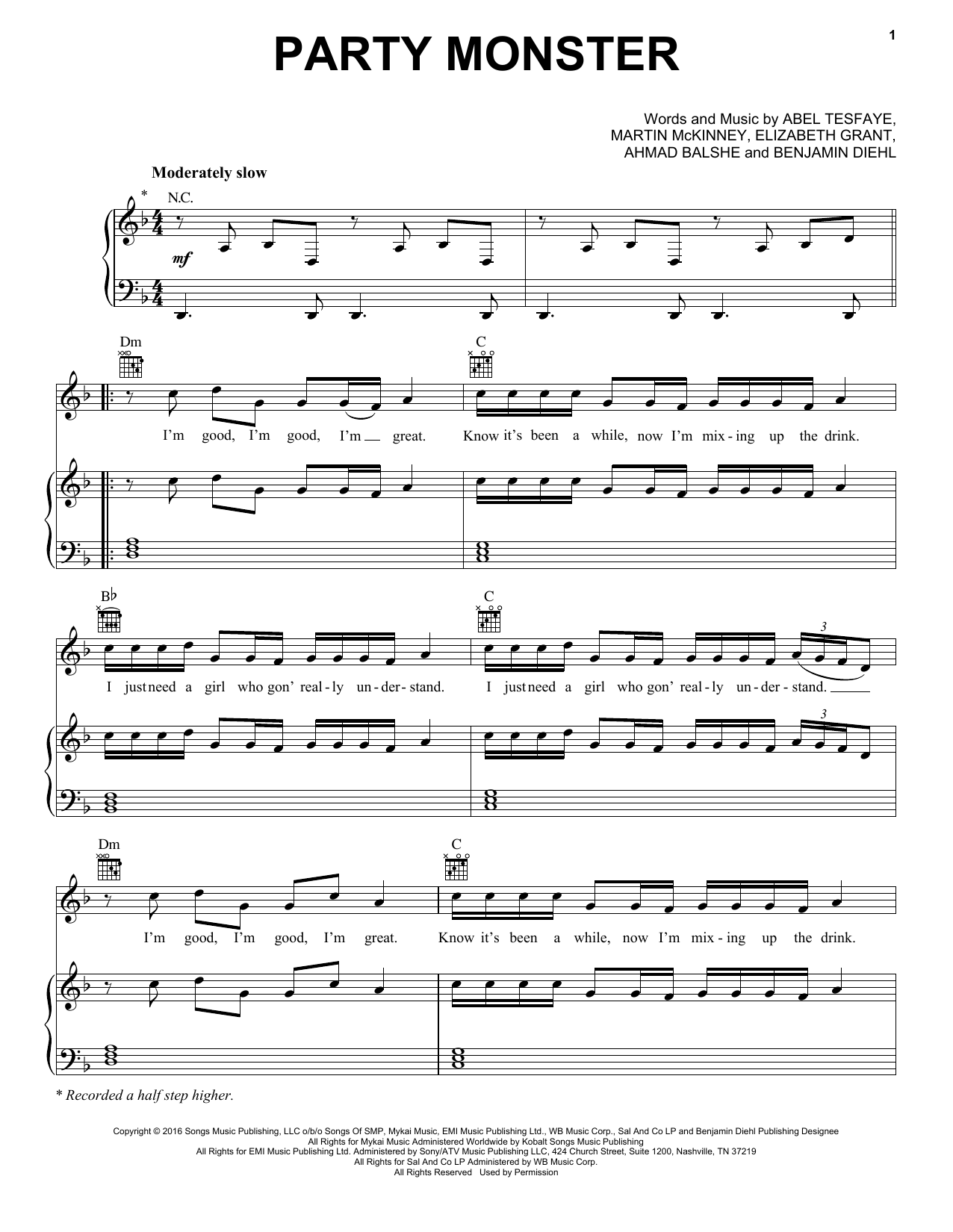 The Weeknd Party Monster Sheet Music Notes & Chords for Piano, Vocal & Guitar (Right-Hand Melody) - Download or Print PDF