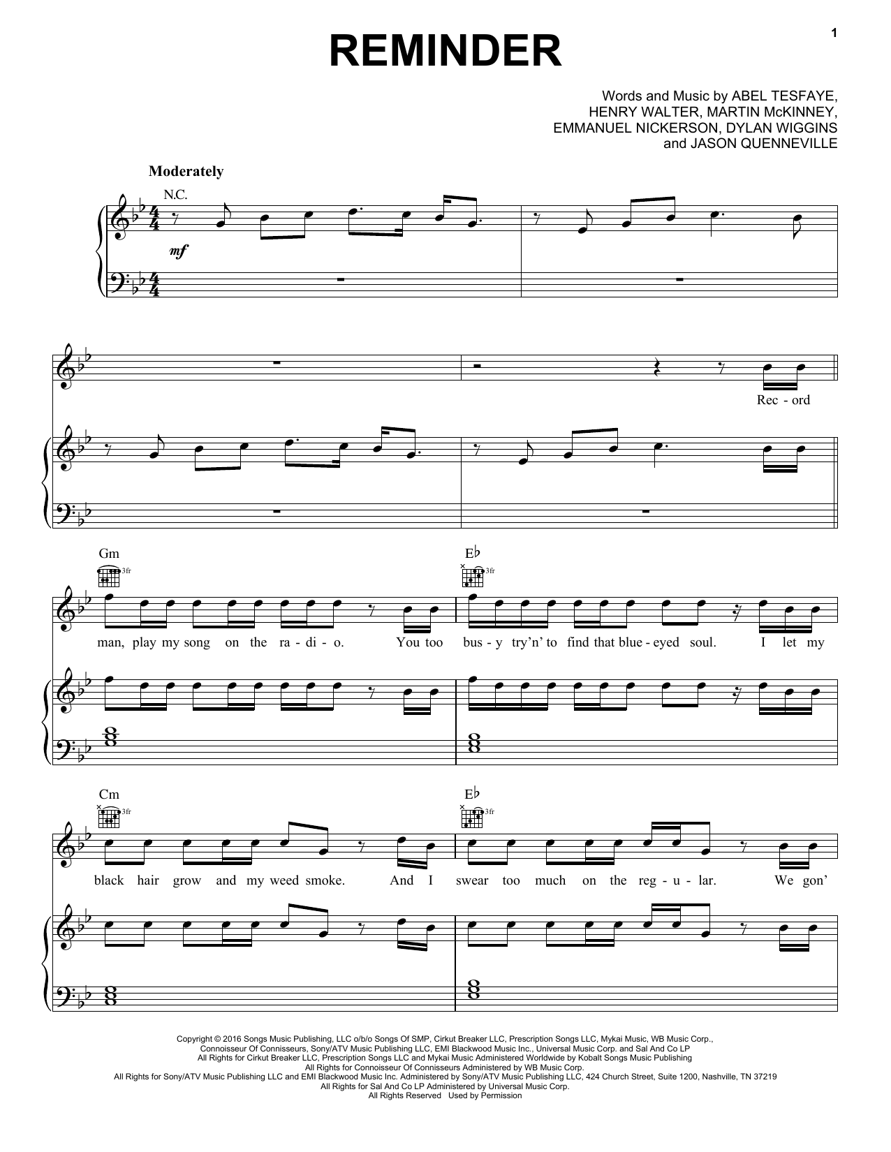The Weeknd Reminder Sheet Music Notes & Chords for Piano, Vocal & Guitar (Right-Hand Melody) - Download or Print PDF