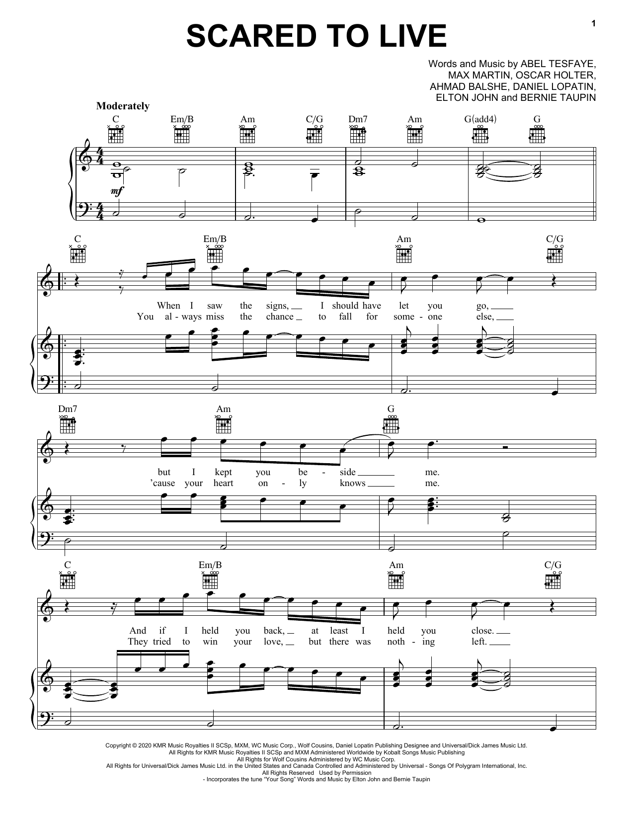 The Weeknd Scared To Live Sheet Music Notes & Chords for Piano, Vocal & Guitar (Right-Hand Melody) - Download or Print PDF