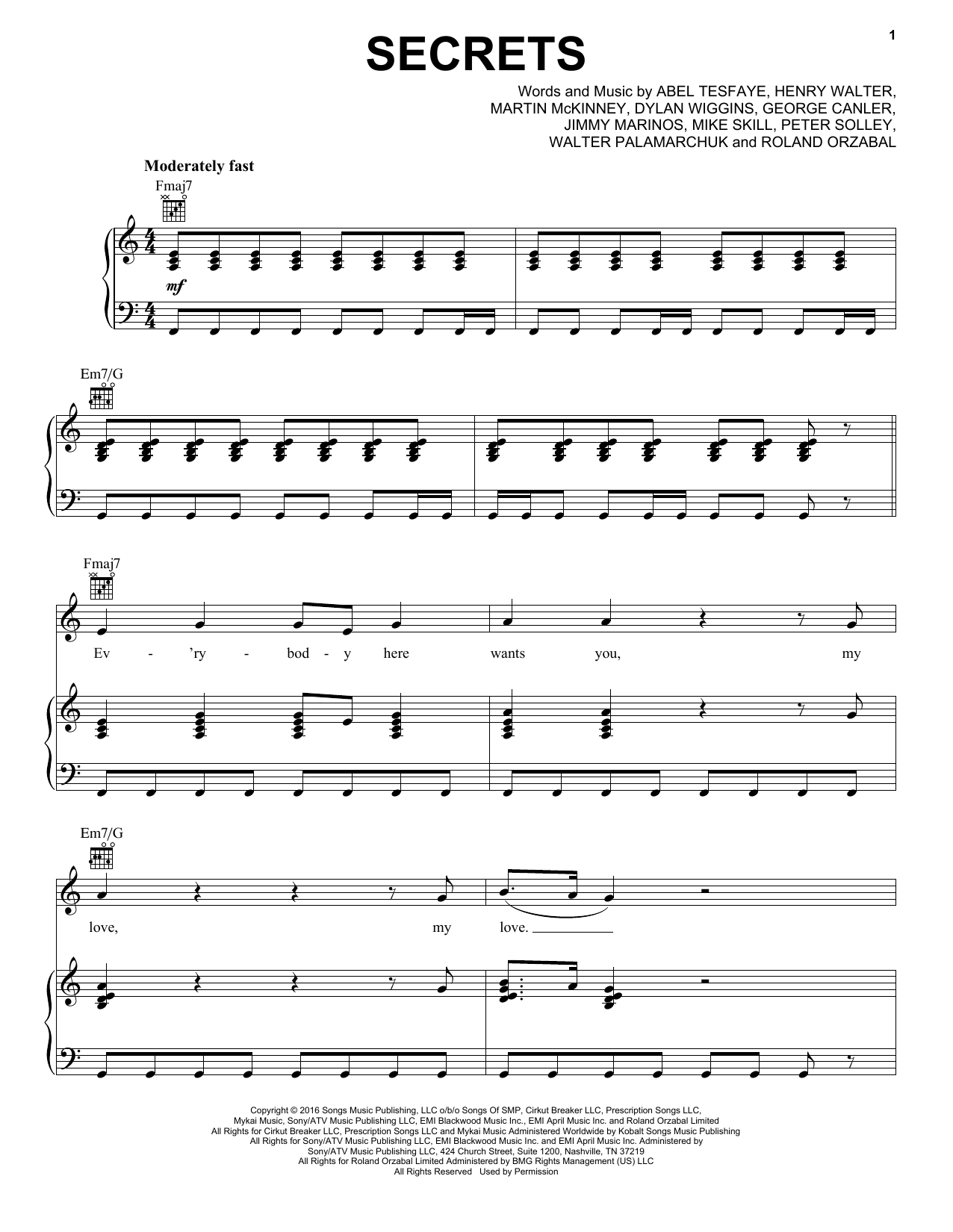 The Weeknd Secrets Sheet Music Notes & Chords for Piano, Vocal & Guitar (Right-Hand Melody) - Download or Print PDF