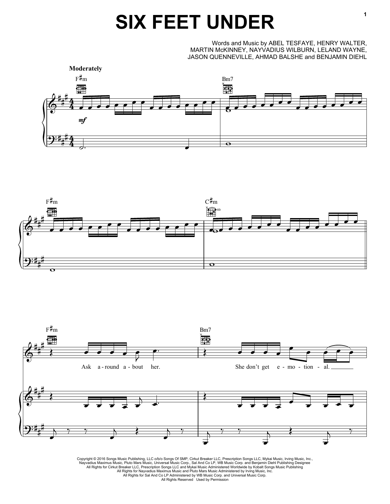 The Weeknd Six Feet Under Sheet Music Notes & Chords for Piano, Vocal & Guitar (Right-Hand Melody) - Download or Print PDF