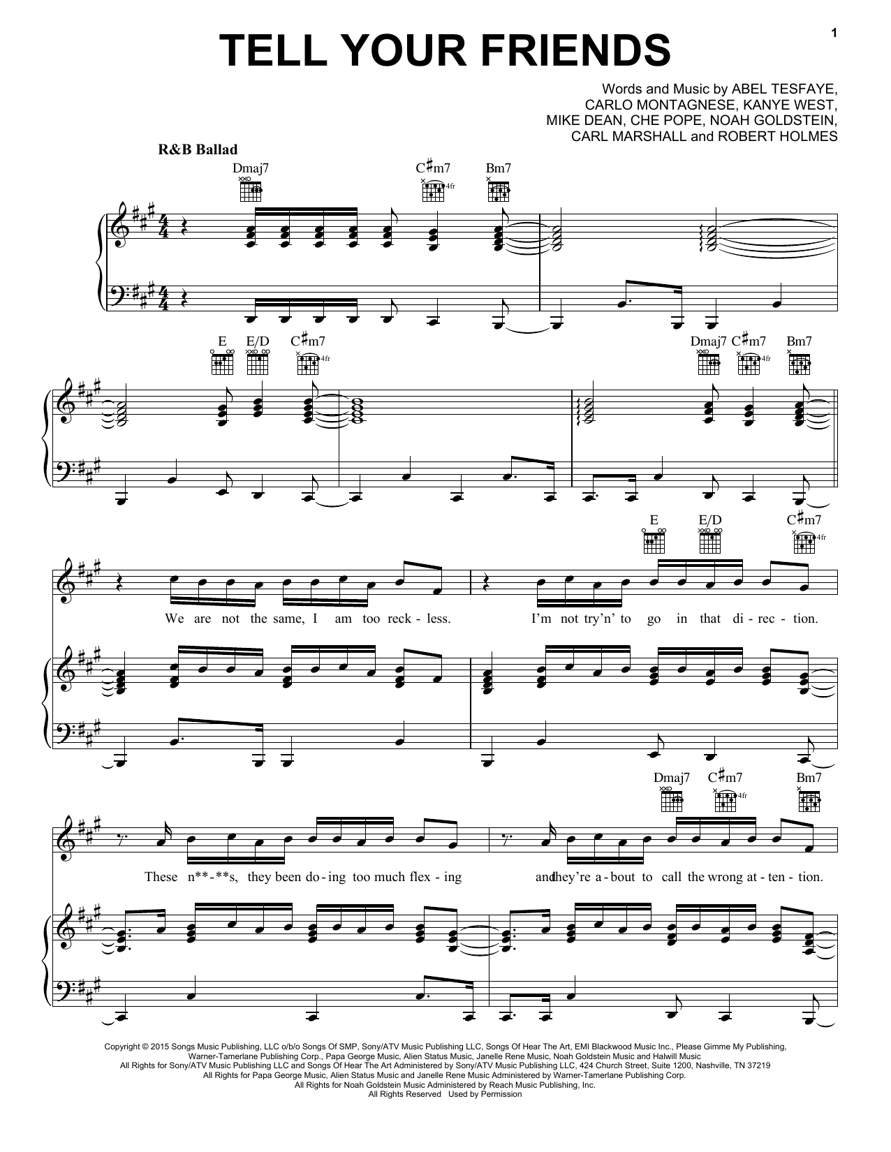 The Weeknd Tell Your Friends Sheet Music Notes & Chords for Piano, Vocal & Guitar (Right-Hand Melody) - Download or Print PDF